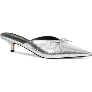 RONILURN Kitten Heel Silver Faux Leather Women Pumps Bow Closed Toe Pointed